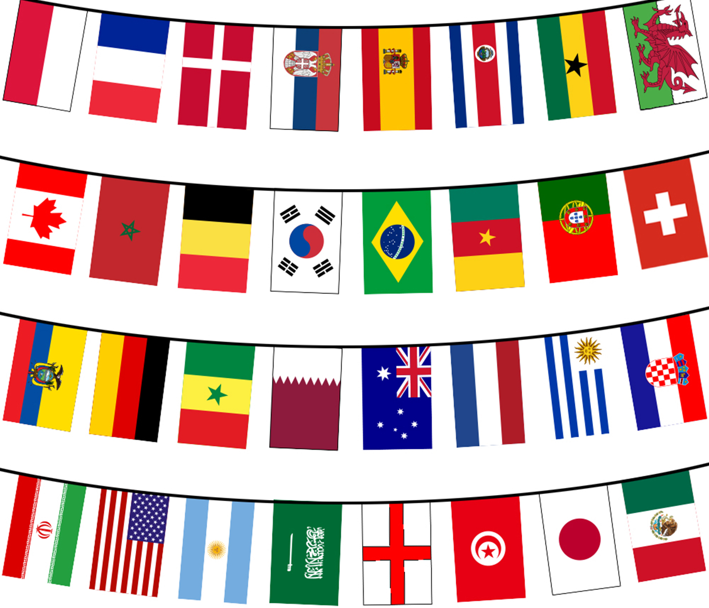 Fußball WM Fahnenkette Flaggenkette 10.5 Meter Wimpelkette 32 Länderflaggen  14 x 21 cm Girlande Dekoration 