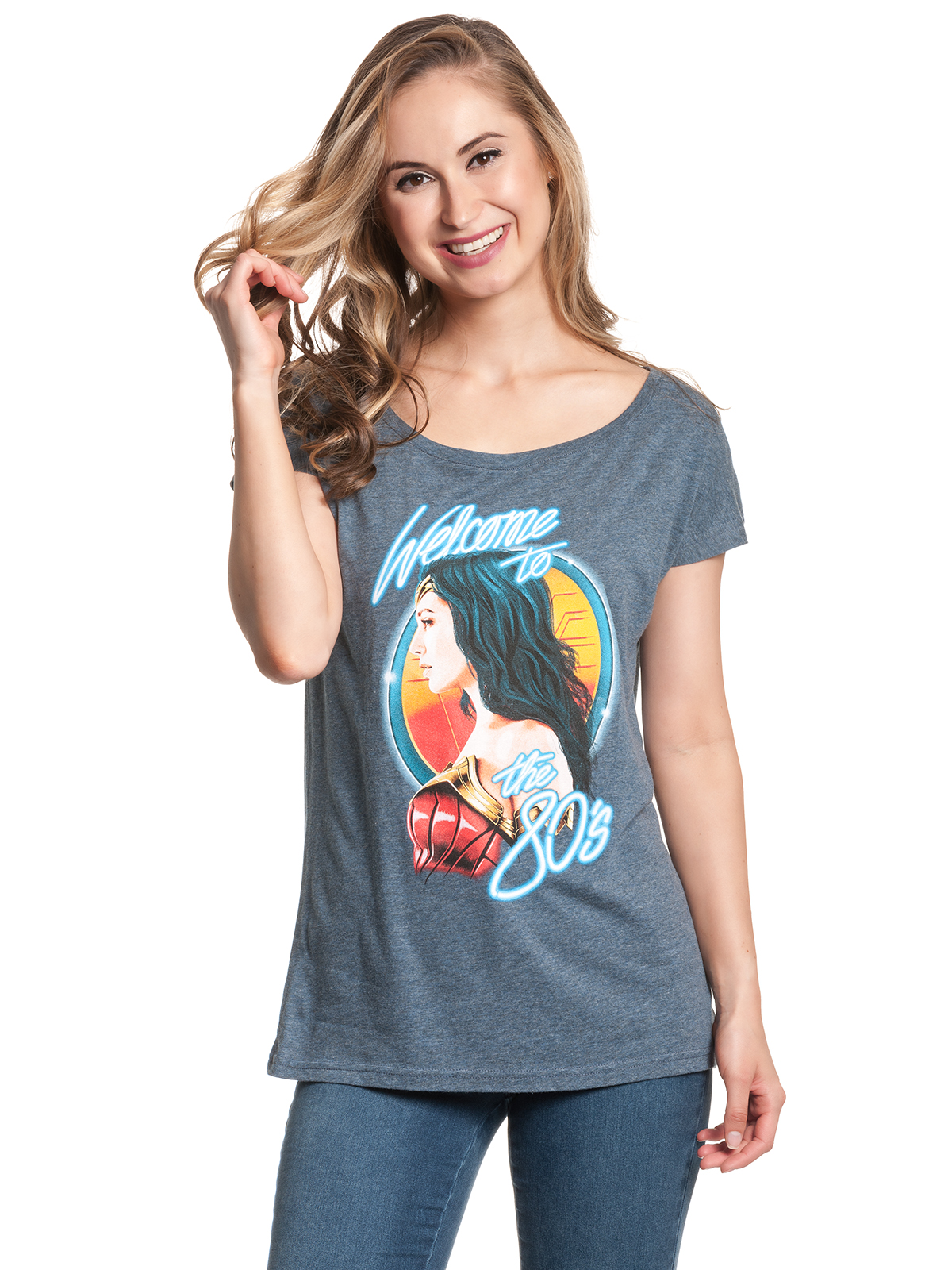 Wonderwoman Welcome To 80's Damen Loose-Shirt blau meliert