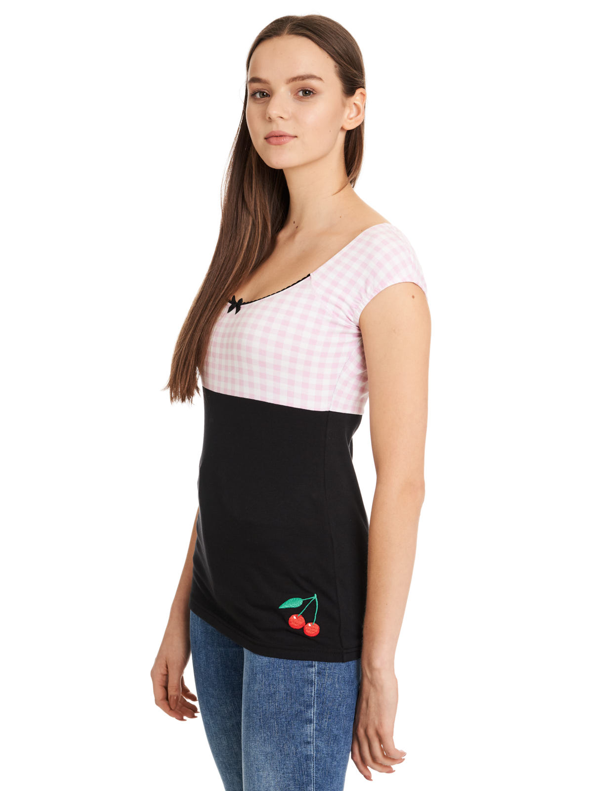 Pussy Deluxe Lightpink Plaid Evie Damen T-Shirt schwarz/lightpink