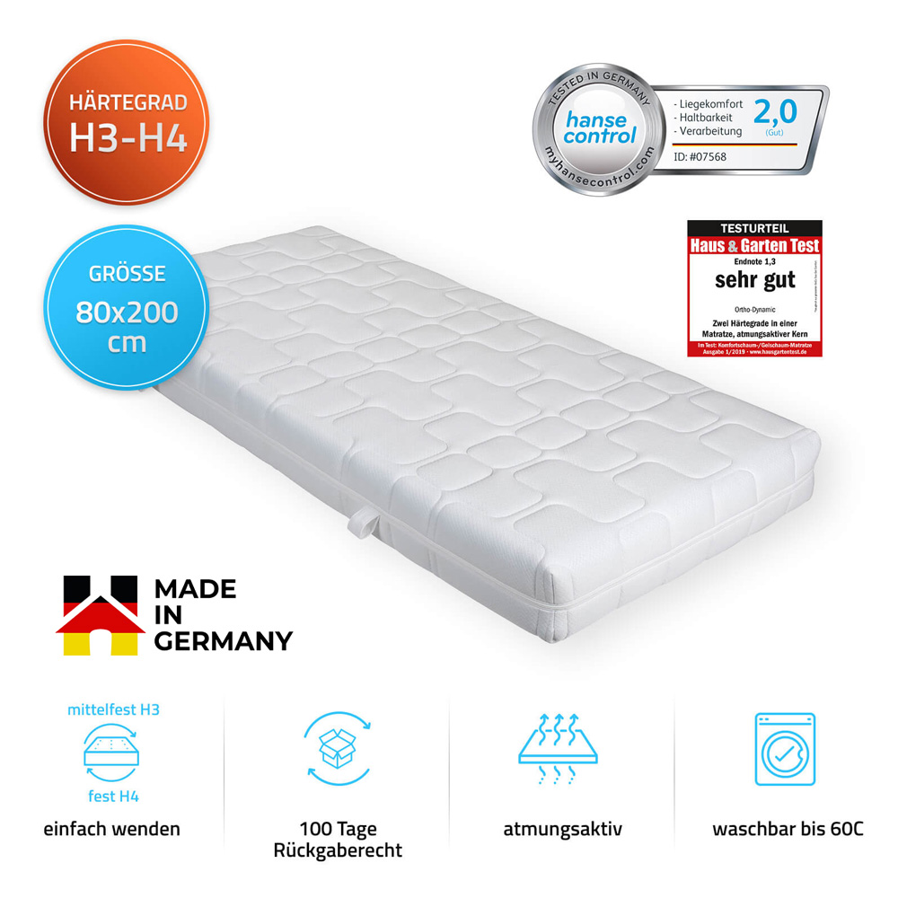 Home Deluxe Colchón ORTHO DYNAMIC - 80 x 200 cm firmeza media Hecho en Alemania