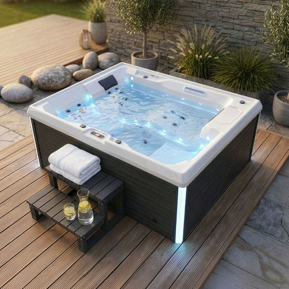 Home Deluxe Bañera de hidromasaje exterior con escalones y cubierta térmica STREAM 211 x 156 cm para 3 personas