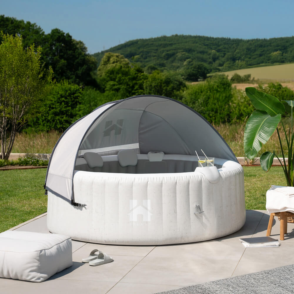 Home Deluxe Bañera de hidromasaje de exterior con cojín, portabebidas y capota SPLASH - Ø208 cm 6 personas hormigón