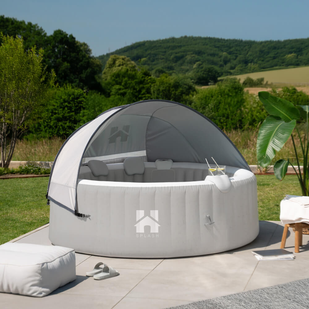 Home Deluxe Bañera de hidromasaje de exterior con cojín, portabebidas y capota SPLASH - Ø208 cm 6 personas gris
