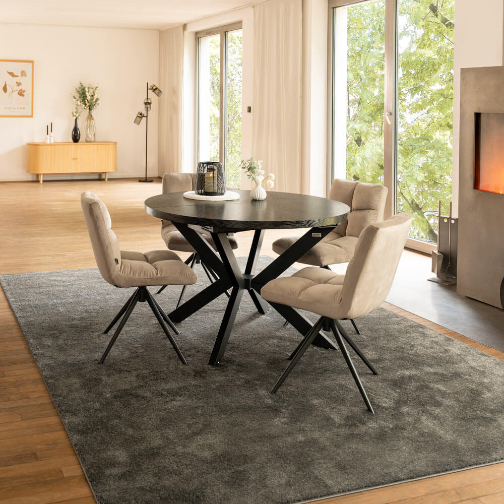 Home Deluxe Grupo de comedor redondo extensible AVENTURA incl. base en forma de estrella - 120-160 x 120 cm Roble oscuro 4 sillas marrón claro