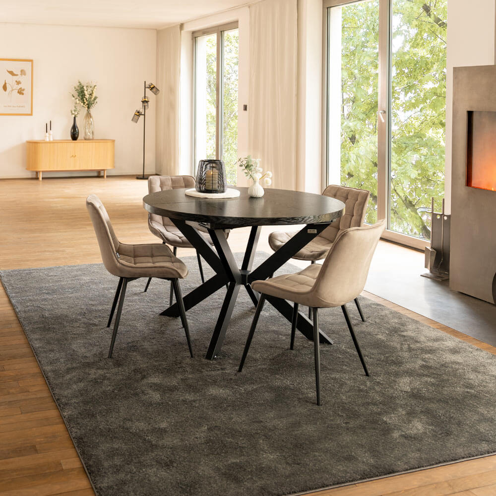 Home Deluxe Grupo de comedor redondo extensible AVENTURA incl. base en forma de estrella - 120-160 x 120 cm Roble oscuro 4 sillas marrón claro