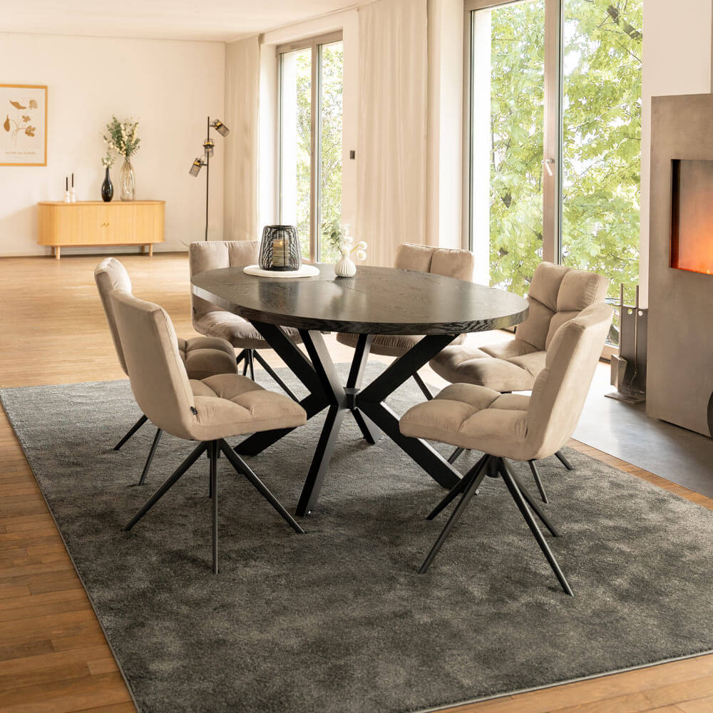 Home Deluxe Grupo de comedor redondo extensible AVENTURA incl. base en forma de estrella - 120-160 x 120 cm Roble oscuro 6 sillas marrón claro