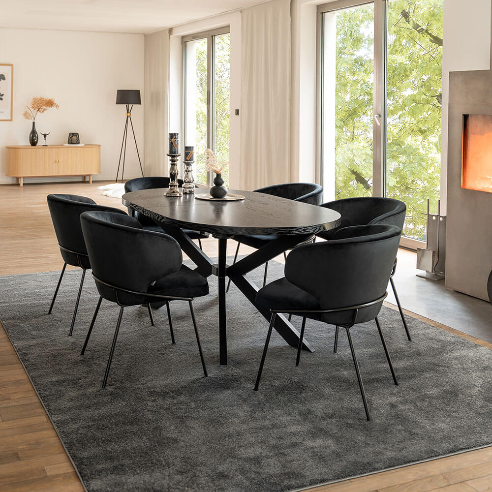 Home Deluxe Juego de comedor ovalado extensible con base en forma de estrella - 160 x 100 cm Roble oscuro 6 sillas negro