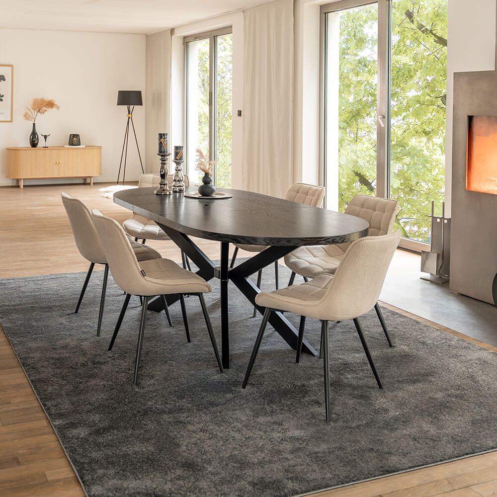 Home Deluxe Juego de comedor oval extensible incl. base de estrella - 160 x 100 cm roble oscuro 6 sillas crema