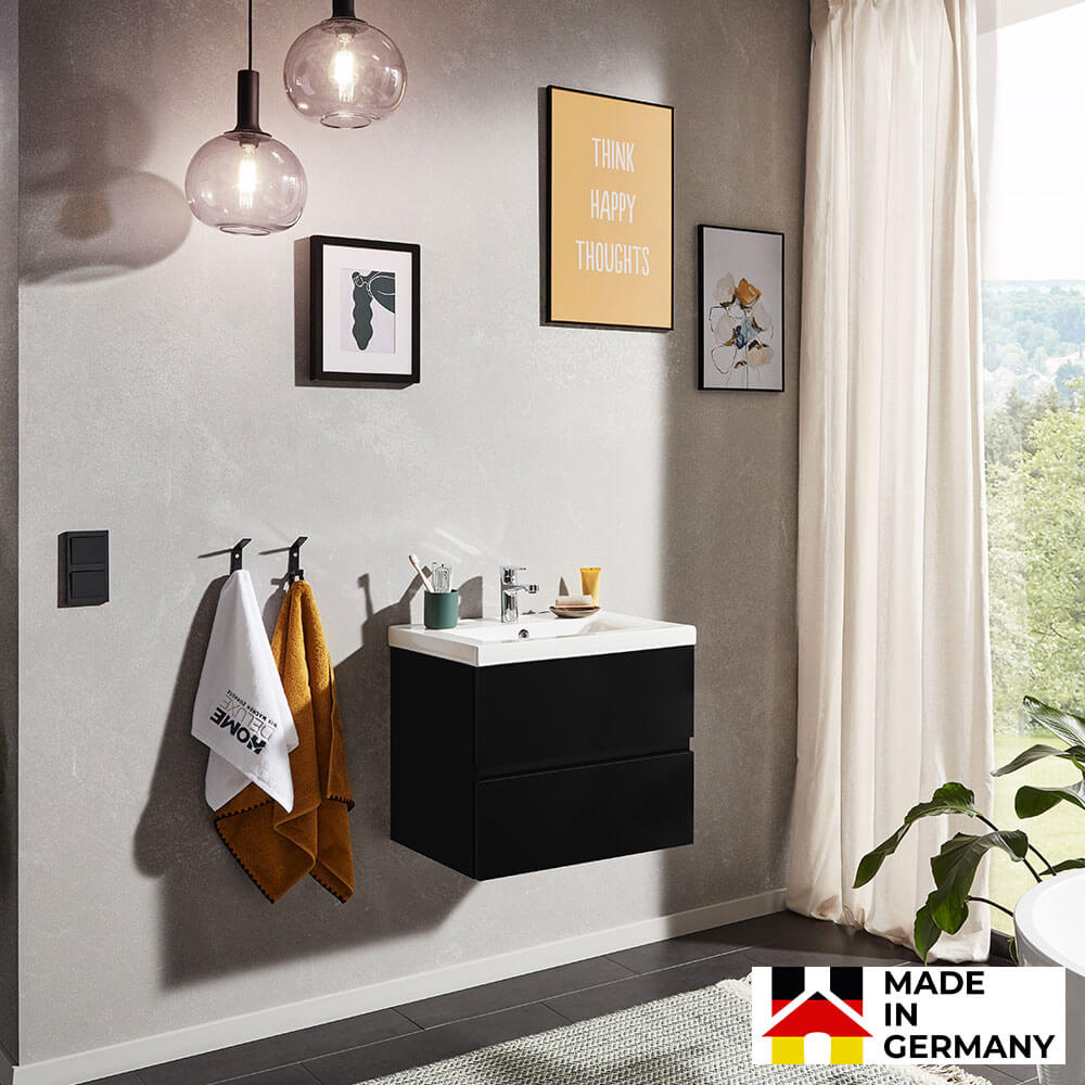 HOME DELUXE Set Mobile Bagno WANGEROOGE Nero 60 Cm - Con Lavabo, Specchio Con LED, Armadio E Accessori, Design Moderno