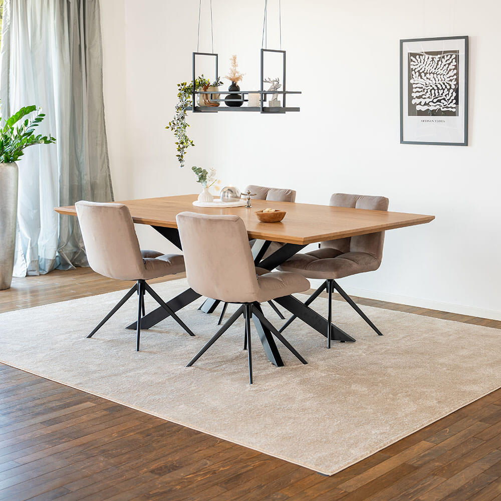 Home Deluxe Grupo de comedor cuadrado AVENCIA incl. base en forma de estrella - 200 x 120 cm Roble claro 4 sillas marrón claro