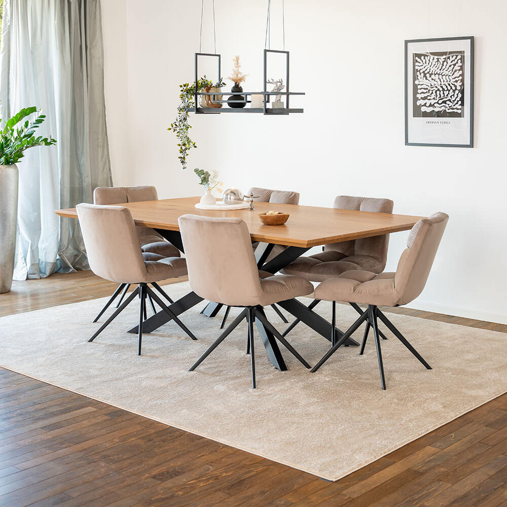Home Deluxe Grupo de comedor cuadrado AVENCIA incl. base en forma de estrella - 200 x 120 cm Roble claro 6 sillas marrón claro