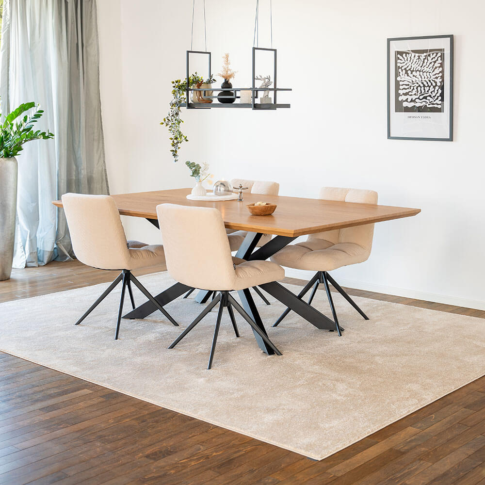 Home Deluxe Grupo de comedor cuadrado AVENCIA incl. base en forma de estrella - 200 x 120 cm Roble claro 4 sillas crema