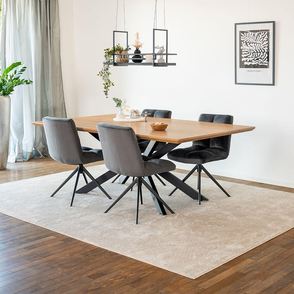 Home Deluxe Grupo de comedor cuadrado AVENCIA incl. base en forma de estrella - 200 x 120 cm Roble claro 4 sillas gris claro