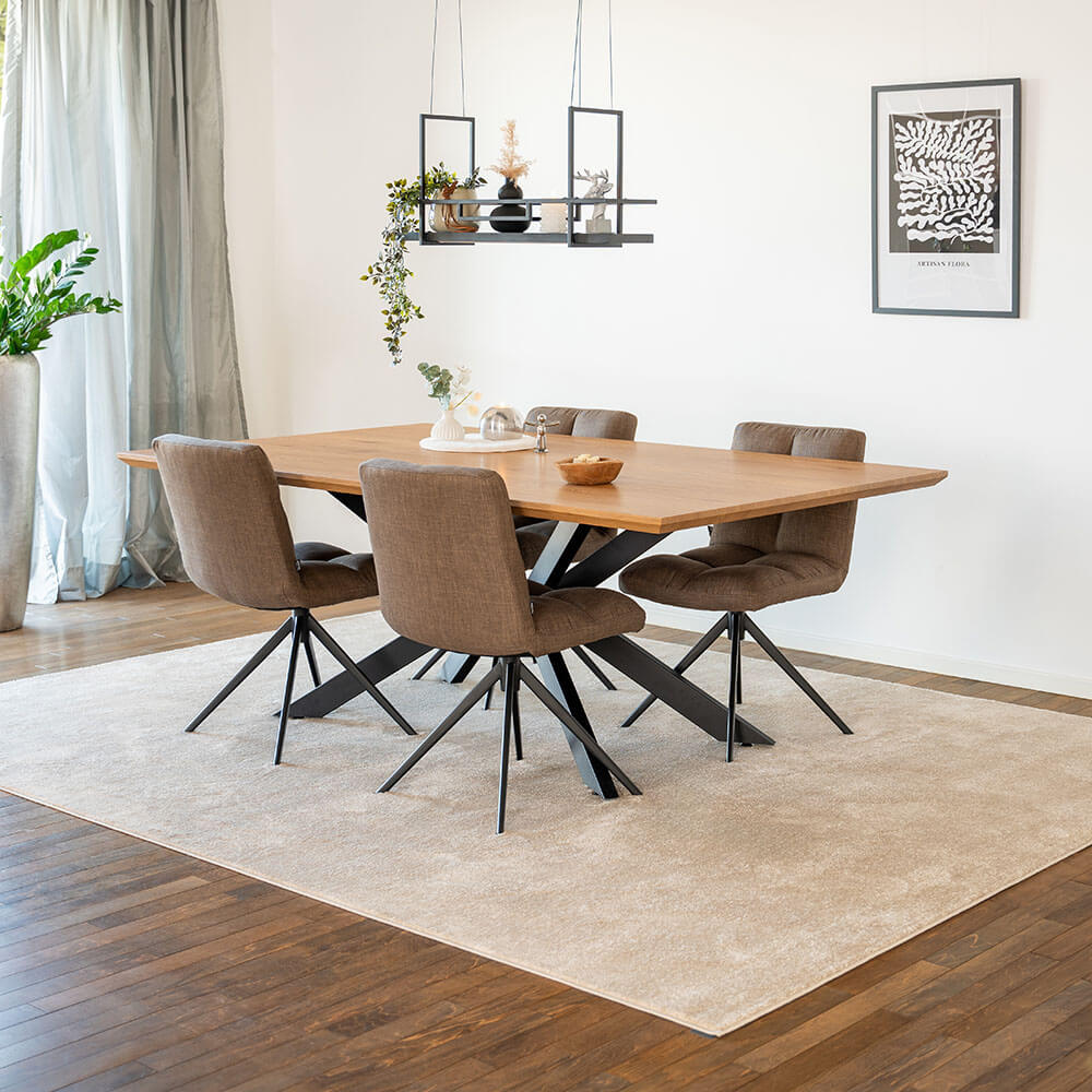 Home Deluxe Grupo de comedor cuadrado AVENCIA incl. base en forma de estrella - 200 x 120 cm Roble claro 4 sillas gris