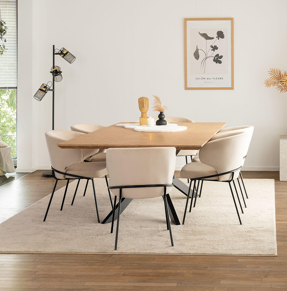 Home Deluxe Grupo de comedor cuadrado AVENCIA incl. base en forma de estrella - 200 x 120 cm Roble espina de pescado 6 sillas