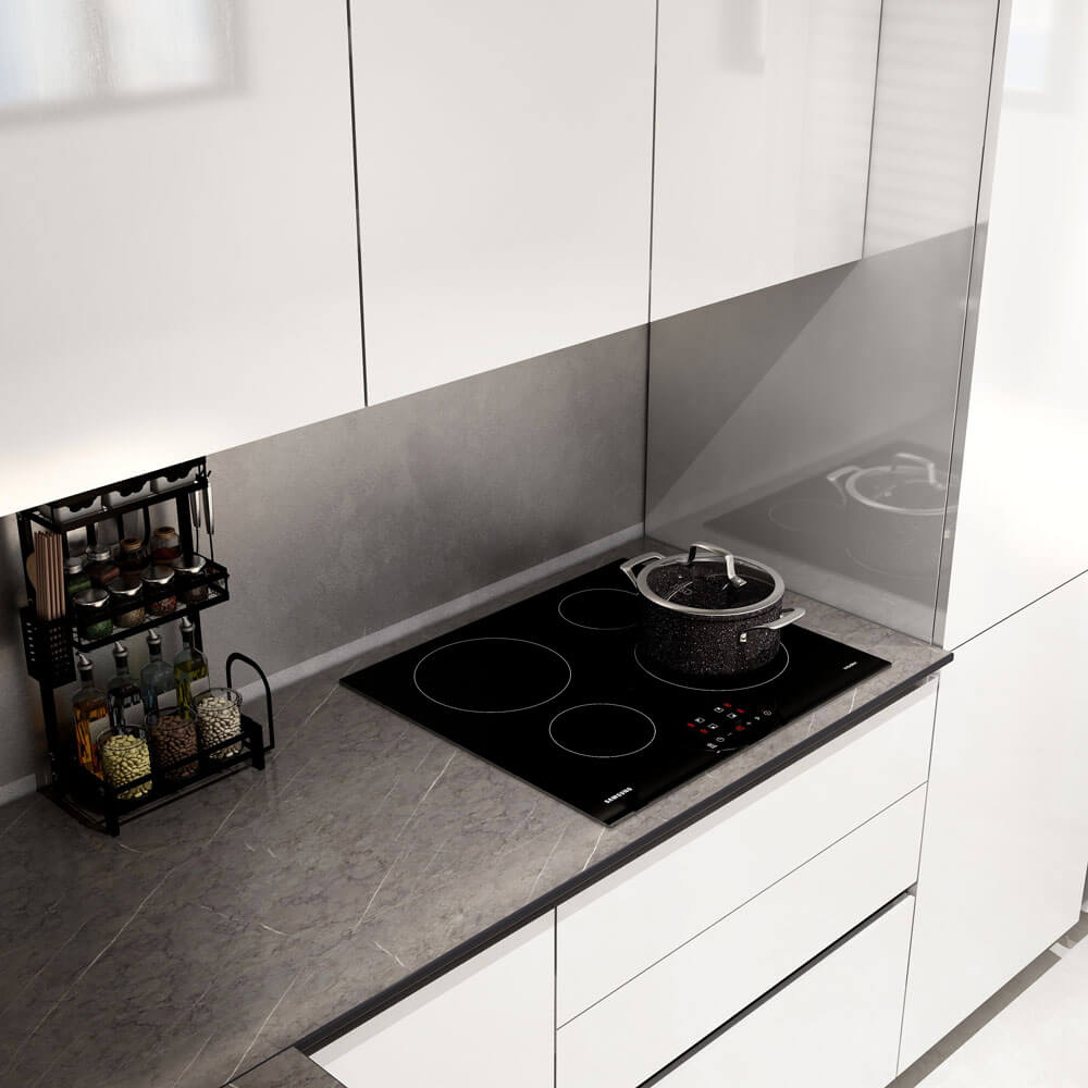 Home Deluxe LINOSA cocina rinconera 300 x 230 cm - blanco alto brillo/gris piedra