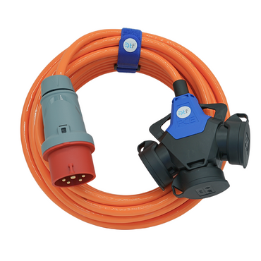 CEE Verlängerung H07BQ-F 400V 16A 5x1,5mm² 3-Wegekupplung 3x230V IP44