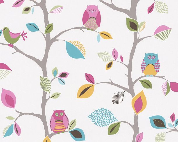 Kids Wallpaper Owls Trees Leaves white colourful 8563-26