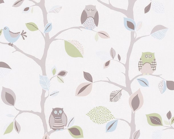 Kids Wallpaper Owls Trees Leaves white grey 8563-33