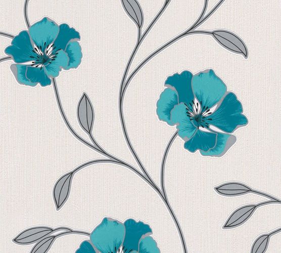 Vinyl wallpaper 2924-21 flowers silver glittering turquoise