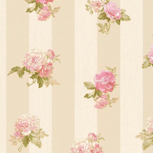 Non-woven wallpaper bloom on stripes cream green 30447-4