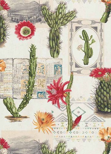 Wallpaper cactus floral ethno green red 6312-06