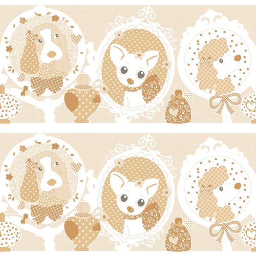 Wallpaper border dogs doggy beige gloss Rasch Textil Favola 303280