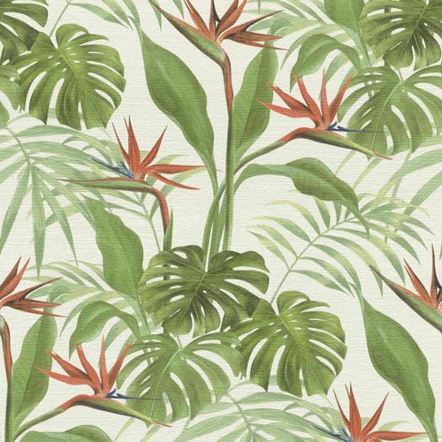 Non-woven Wallpaper Rasch palm leaves white green 529029