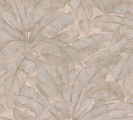 Non-Woven Wallpaper Leaves Fern grey brown gold Gloss