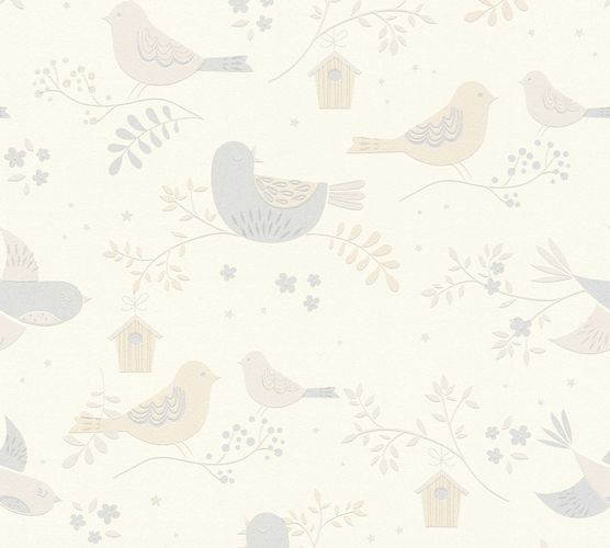 Kids Wallpaper Birds Flowers beige Glitter 36756-1