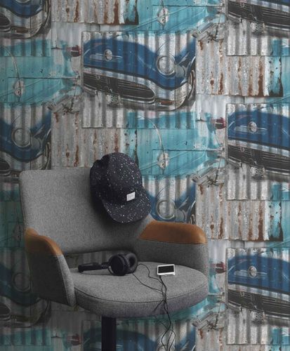 Teen's Wallpaper Iron Oldtimer grey turquoise Rasch 212402