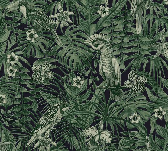 Non-Woven Jungle Birds black green 37210-1