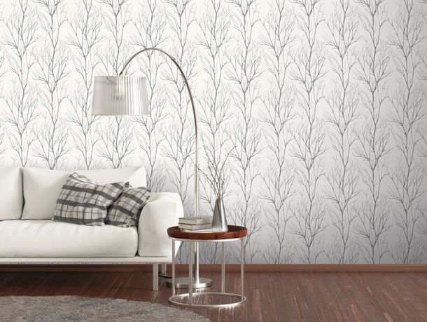 Non-Woven Wallpaper Branches white grey silver metallic