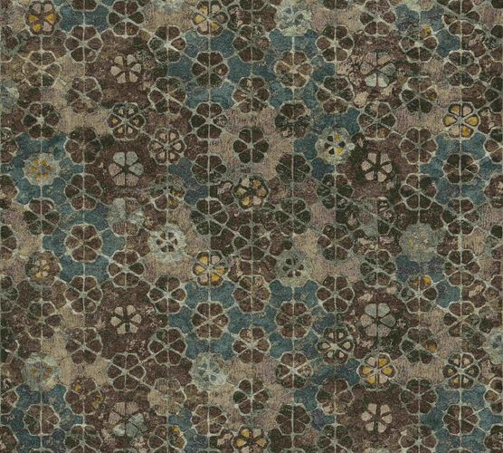 Non-woven wallpaper vintage tiles turquoise brown 37391-1