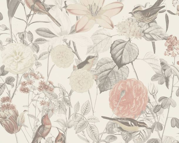 Non-woven wallpaper flowers birds white rose grey 37276-2