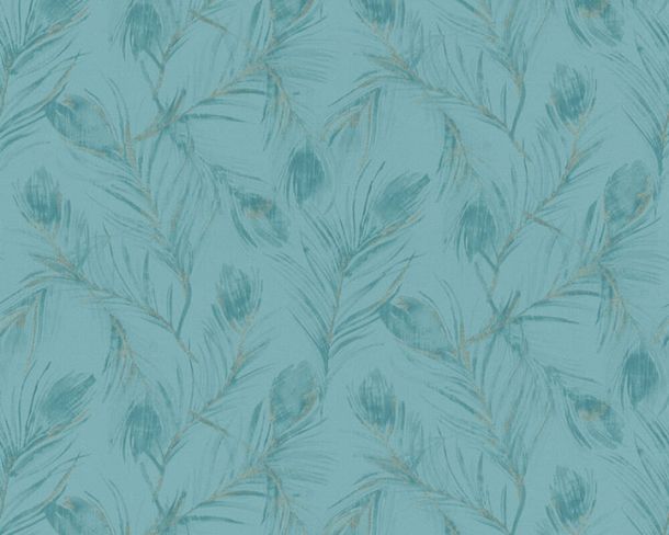 Non-woven wallpaper feather blue metallic glitter 37367-3