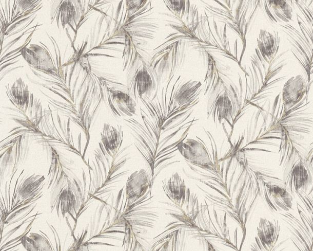 Non-woven wallpaper feather grey gold glitter 37367-4