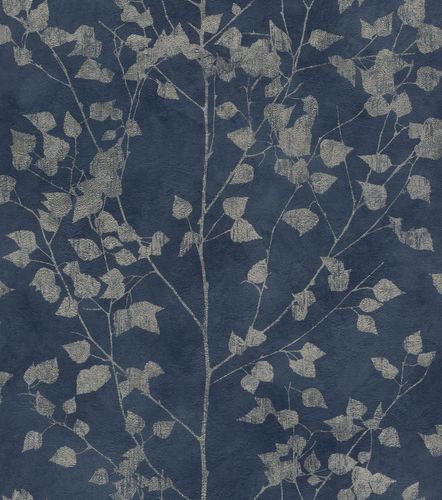 Wallpaper non-woven leaf twigs blue silver 416657