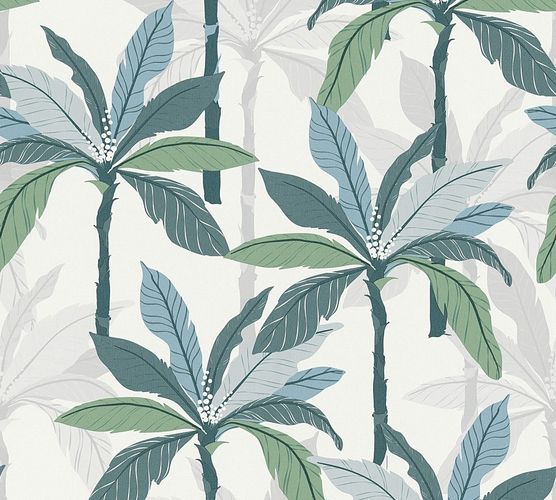 Non-Woven Wallpaper Palms Leaves white green 37530-1