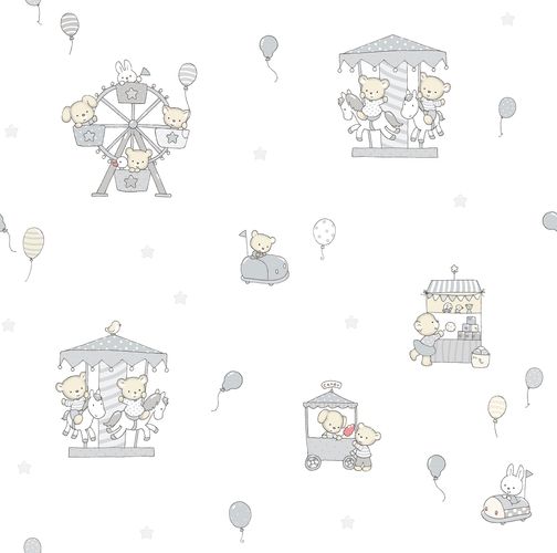 Kids paper wallpaper rabbit bear white grey beige 102203