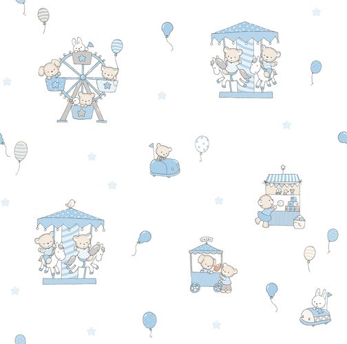 Kids paper wallpaper rabbit bear white blue beige 102201