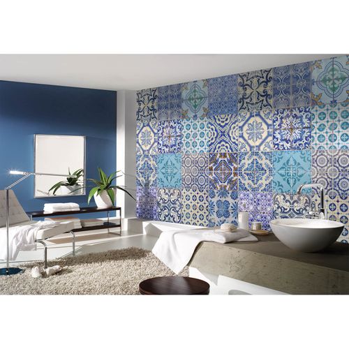 Photo Non-Woven Wallpaper Spanish tiles blue cream purple