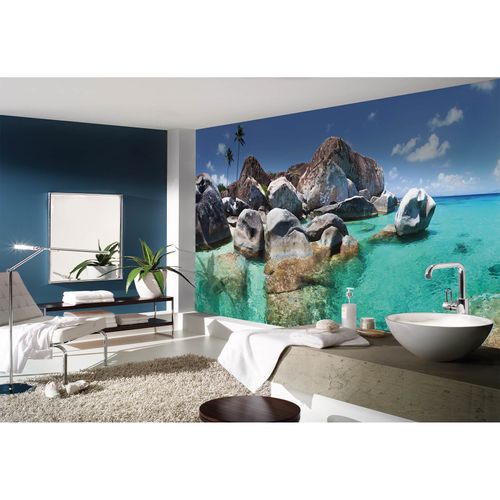 Photo Non-Woven Wallpaper Sea Rocks Palms blue brown