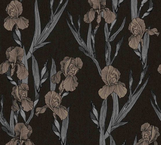 Non-woven wallpaper floral black grey brown 37526-1