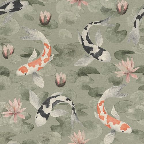 Non-Woven Wallpaper Rasch Fish Water Lilies green 409437