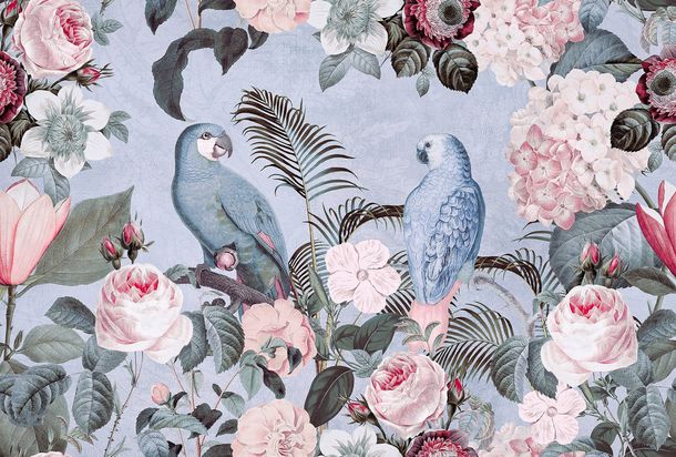 Photo Wallpaper Non-Woven Parrots Flowers blue pink green