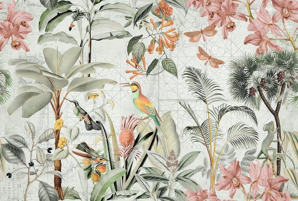 Photo Wallpaper Non-Woven Jungle Birds green pink grey