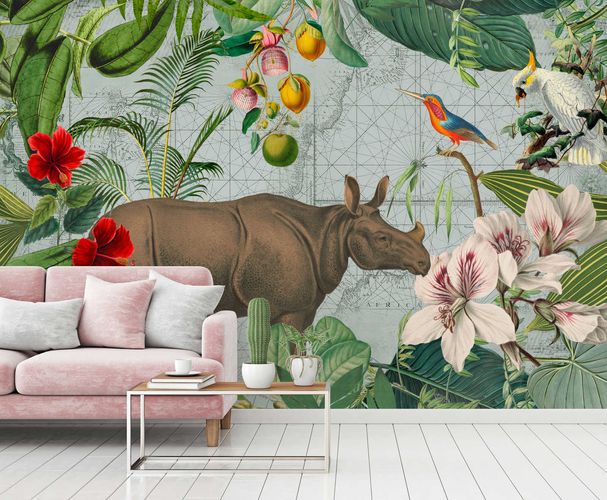 Photo Wallpaper Non-Woven Rhino Jungle green brown