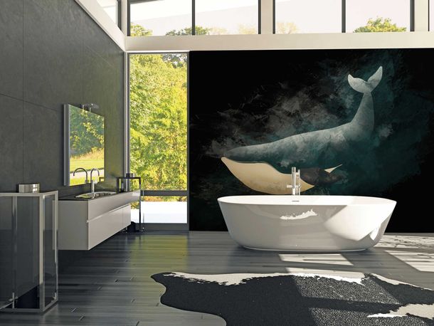 Photo Wallpaper Non-Woven Whale Sea Water blue black