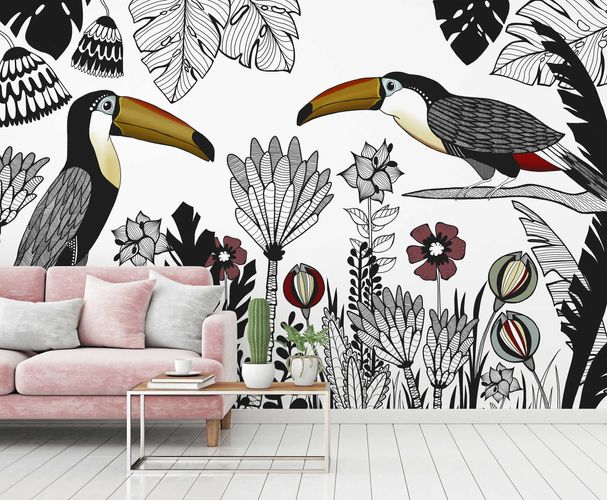 Photo Wallpaper Non-Woven Toucans Jungle Nature black